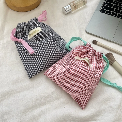 Gingham Checkered Drawstring Bag Fabric Pouch Portable Cosmetic Jewelry Travel Organizer Case Makeup Storage Pocket