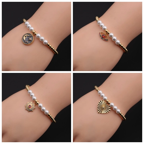 Bracciale Di Perline Rame Placcato Oro Zircone Perla Artificial Sintetica Cuore Malocchio Luna Stella Gioielli Donna