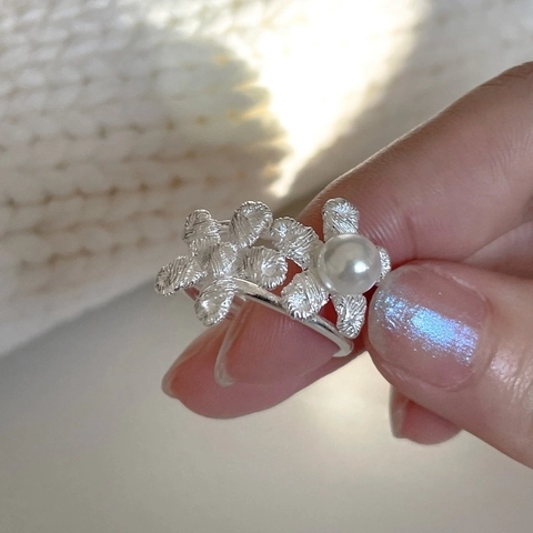 Elegante Bloemen Kunstparel Ring Verzilverd Kopermateriaal Verstelbare Open Vingerring Mode Sieraden Voor Dames