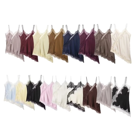 Women Lace Cami Tank Top Satin Satin Texture Irregular Hem Spaghetti Strap V Neck Sexy Streetwear Casual
