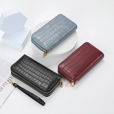 Portefeuille Long Femme Motif Crocodile Cuir PU Double Fermeture Éclair Pochette Avec Dragonne Élégant