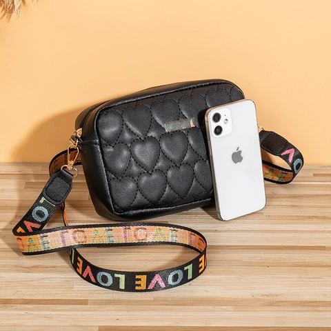 Women Heart Quilted Crossbody Bag Colorful Webbing Strap LOVE Letter Print PU Leather Fashion Camera Small Square Bag