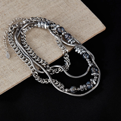 Collana Doppio Strato Da Uomo In Acciaio Inossidabile Con Perle In Pietra Naturale E Ematite Catena Cubana Stile Punk