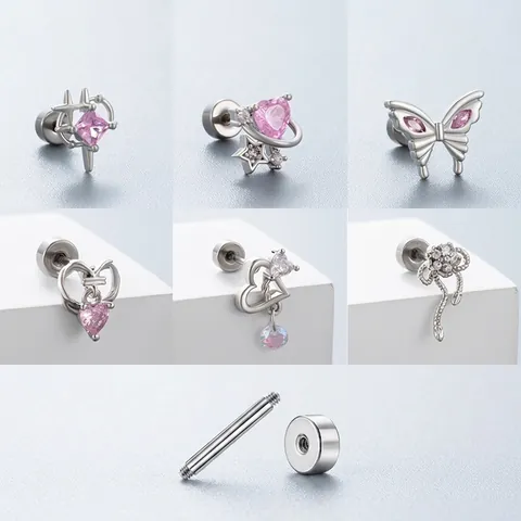 Orecchini A Lobo Per Cartilagine In Acciaio Inossidabile Zircone Rosa Cuore Farfalla Fiore Pianeta Gioielli Per Piercing Da Donna