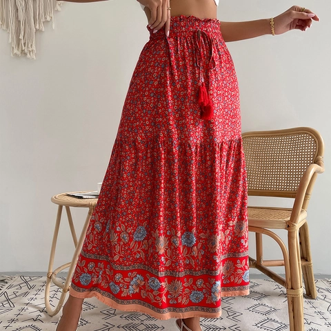 Bohemian Floral Print Maxi Skirt High Elastic Waist Viscose Drawstring Tassels Tiered A-Line Summer Casual Beach Vacation