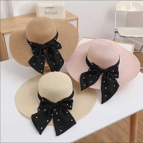 Wide Brim Straw Hat For Women Sun Protection Beach Ribbon Bow With Artificial Pearl Decor Summer Foldable Breathable Elegant