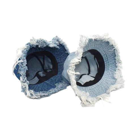 Cappello Alla Pescatora In Denim Bordo Sfrangiato Cotone Lavato Protezione Solare Streetwear Retro Per Donna Uomo Decorazione Piastra Metallo