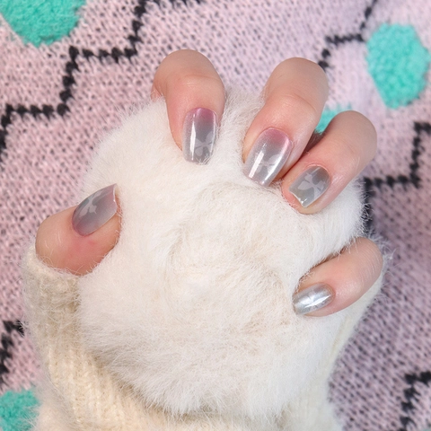 Press On Nails Cat Eye Butterfly Pattern Gradient Pink Gray Square Round Shape Glossy Reusable Elegant Manicure