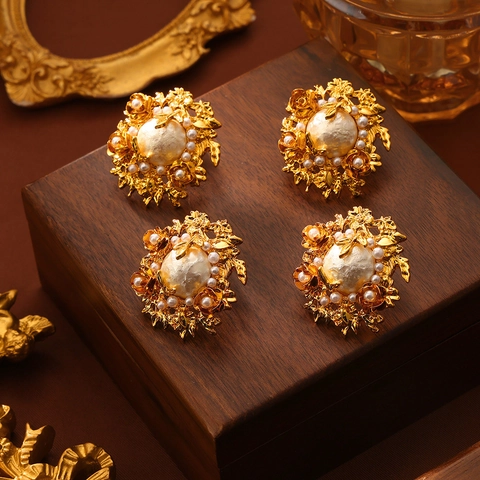 Barock Künstliche Perle Blumen Ohrstecker Vintage Palast Gold Legierung Blumig Geschichtet Statement Ohrringe Damen Schmuck
