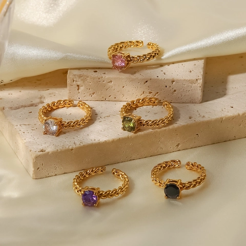 Adjustable Open Ring 18K Gold Plated Stainless Steel Round Cubic Zirconia Inlaid Woven Braided Texture Trendy Jewelry For Women