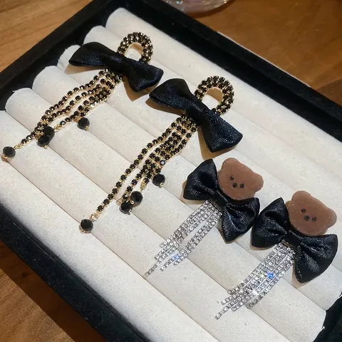 Orecchini Lunghi Con Nappine Fiocco Orso Con Perno In Argento Sterling 925 Rame Strass Tessuto Dolce Gioielli Donna