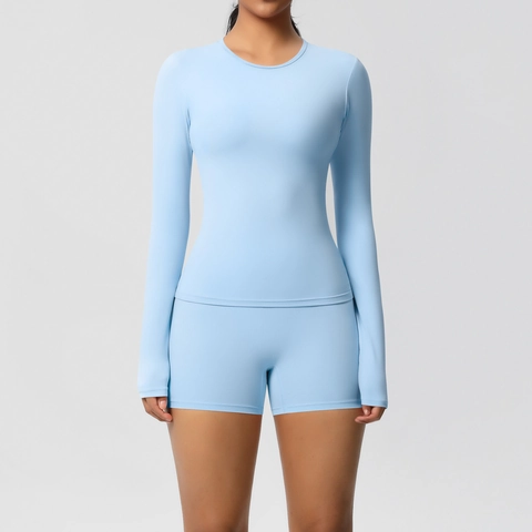 Damen Yoga Outfit Langarm Top Mit Daumenlöchern Und High Waist Shorts Nylon Spandex Slim Fit Fitness Gym Laufbekleidung