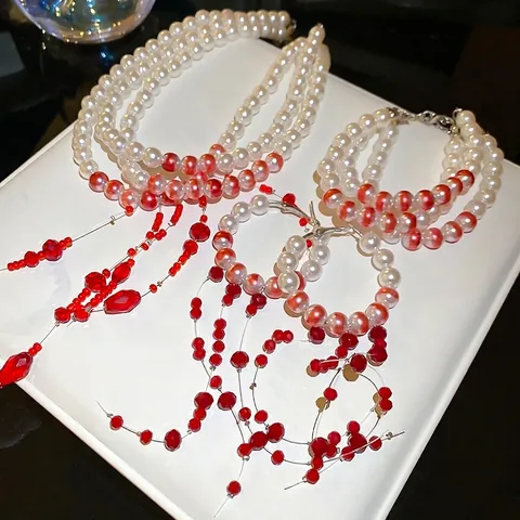 Elegant Imitation Artificial Pearl Necklace Bracelet Hoop Earrings With 925 Sterling Silver Earring Post Red Crystal Tassel Jewelry