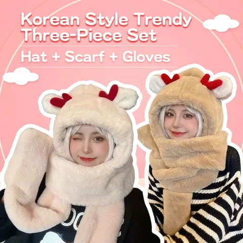 Rentier Plüsch Integrierter Hut Schal Und Handschuhe Dicke Kaninchenfell-Imitat Ohrenklappe Kapuzenschal Winter Süß