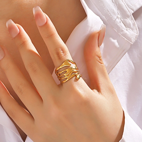 Anillo Diseño Lava Irregular Acero Inoxidable Abierto Ajustable Joyería Moderna Exagerada Para Mujer