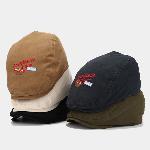 Berretto Piatto Retro In Tela Di Cotone Con Ricamo Lettere Hotdog Fibbia In Metallo Regolabile Stile Casual Unisex