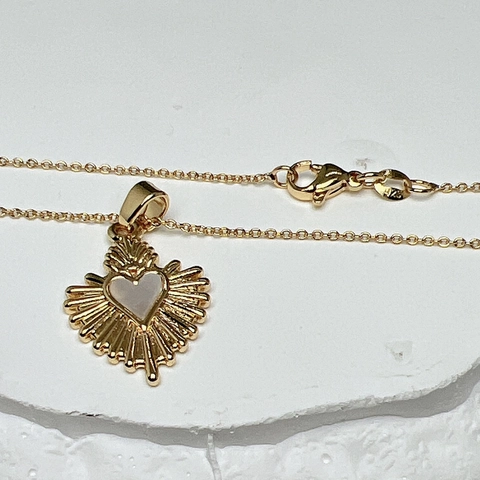 Heart Pendant Necklace 18K Gold Plated Copper Natural Mother Of Artificial Pearl Shell Sunburst Ray Design For Women Jewelry