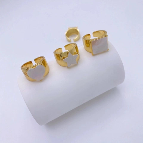 Fashion 18K Gold Plated Copper Rings With White Mother Of Artificial Pearl Heart Star Square Shell Adjustable Open Jewelry For Women