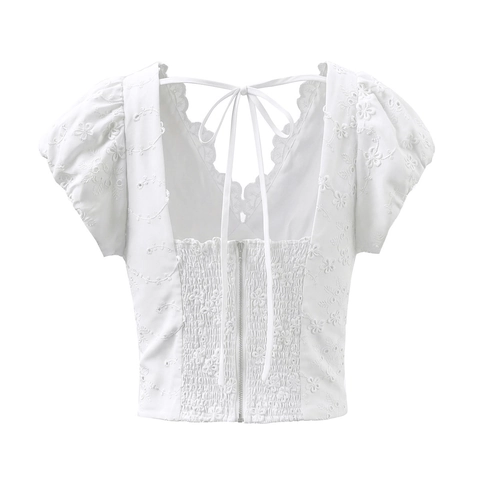 Damen Elegante V Ausschnitt Spitze Stickerei Bluse Hohl Aus Puffärmeln Rückenreißverschluss Mode Weißes Kurzarm Oberteil
