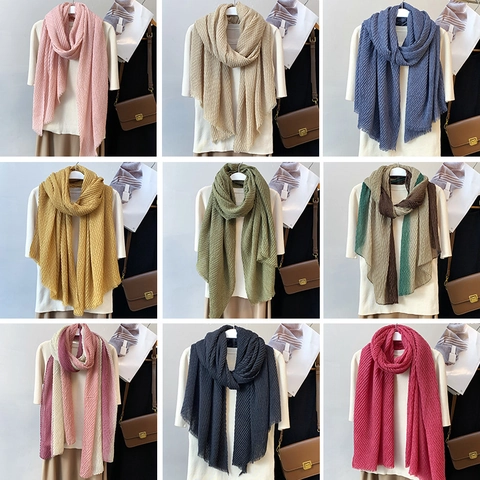 Solid Color Crinkle Scarf Pleated Polyester Lightweight Sun Protection Shawl Vintage Style Elegant Wrap For Women