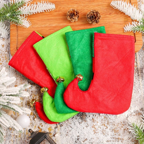 Calze Di Natale Elf Ornamenti Appesi Velluto Feltro Sacchetti Di Caramelle Con Fibbia Dorata E Campanelli Decorazione Festa