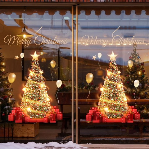 Christmas Tree Window Sticker Merry Christmas Gold Red PVC Electrostatic Static Cling Double Sided Shop Glass Door Decor