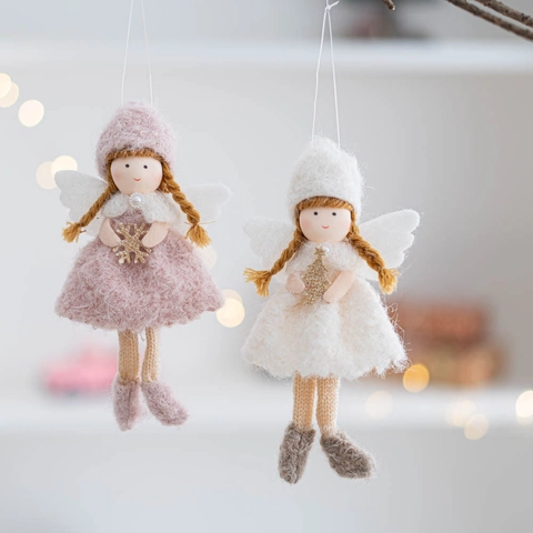 Decorazione Sospesa Angelo Di Natale Ragazza Peluche Maglia Feltro Ornamento Per Albero Casa Festa Carine Ali Trecce Accento Dorato