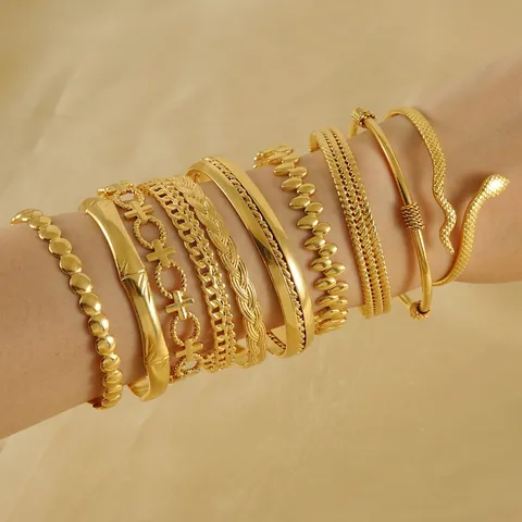 Adjustable Cuff Bracelets 18K Gold Plated Stainless Steel Snake Bamboo Twist Texture Trendy Minimalist Jewelry For Women