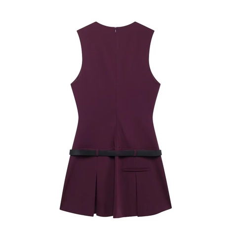 Women Sleeveless V Neck Mini Dress With Belt Pleated Hem Polyester Chic High Waist Commuter Solid Color