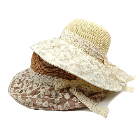 Cappello Alla Pescatora In Paglia A Tesa Larga Con Ricamo Margherita Pizzo Mesh Protezione Solare Spiaggia Elegante Fiocco Per Donne