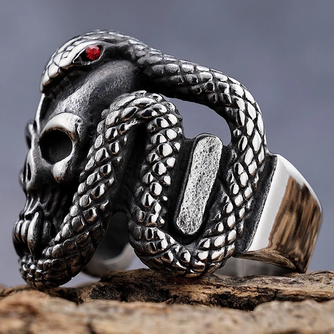 Skull Snake Ring Stainless Steel Punk Gothic Vintage Men Biker Jewelry Cobra Design With Red Eye Stones Polished