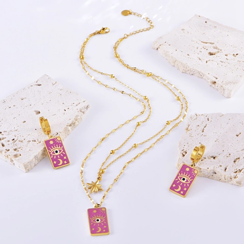 Set di Collana e Orecchini Vintage Francese Oro Acciaio al Titanio Malocchio Stella Luna Smalto Gioielli Tarot Donna