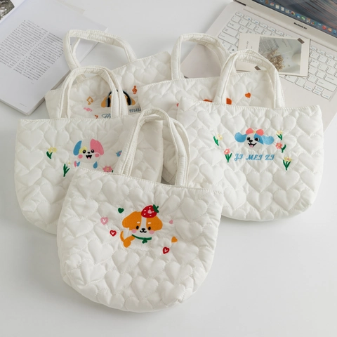 Quilted Heart Pattern Handbag Cute Cartoon Dog Embroidery Portable Tote Bag Daily Cosmetic Lunch Pouch For Women