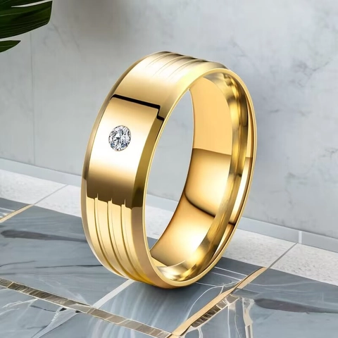 Men Fashion Titanium Steel Ring Minimalist Inlaid Rhinestone Band Ring With Groove Design Polished Finish Men Finger Ring Gift