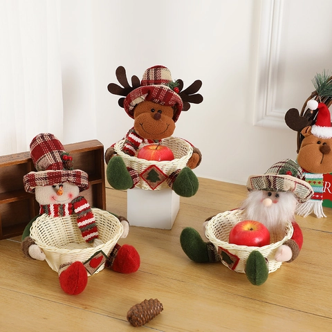 Panier À Bonbons Poupée En Peluche De Noël Tissage De Bambou Père Noël Bonhomme De Neige Renne Décoration De Table