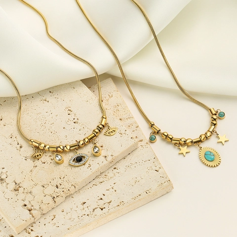 Stainless Steel Gold Plated Evil Eye Pendant Necklace Women Turquoise Star Sun Charm Snake Chain Fashion Jewelry