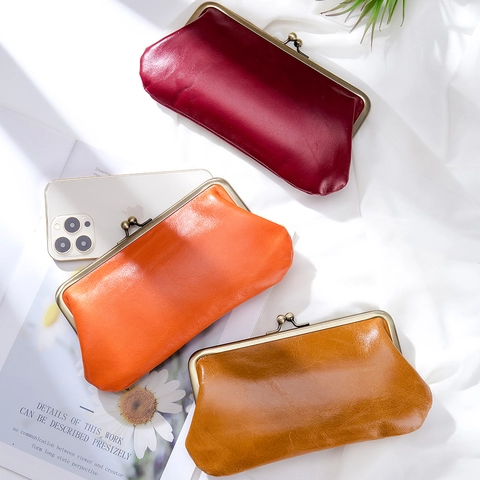 Vintage Kiss-Lock Long Wallet Women First Layer Oil Wax Cowhide Leather Large Capacity Clutch Bag Retro Multifunctional