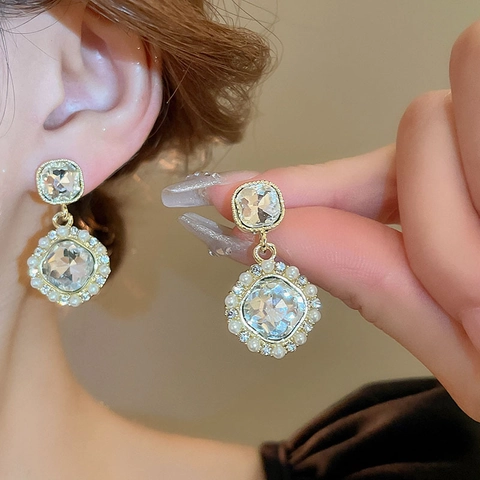 Orecchini Pendenti Quadrati In Cristallo Stile Francese Vintage Perla Artificial Geometrica Lega Con Perno In Argento