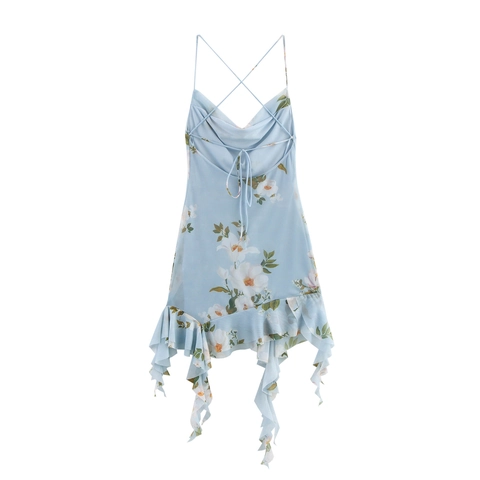 Damen Blumen Mesh Mini Kleid Wasserfall Ausschnitt Rückenfrei Kreuzgurte Rüschensaum Hellblau Sexy Sommer Urlaub Ärmellos