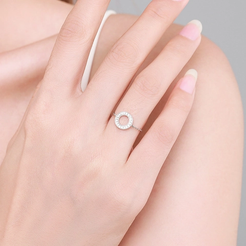 925 Sterling Silver Adjustable Chain Ring Hollow Circle Pave Cubic Zirconia Minimalist Jewelry For Women