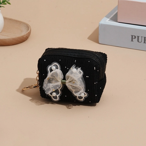 Mini Coin Purse Corduroy Small Zipper Pouch With Lace Bowknot Faux Artificial Pearl Golden Keychain Cute Ins Style Sweet Wallet
