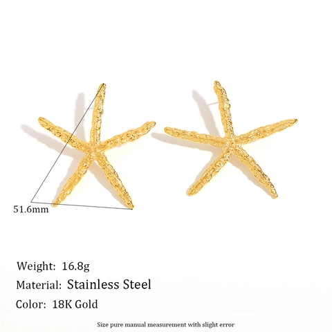 Starfish Stud Earrings Stainless Steel 18K Gold Plated Hammered Texture Marine Ocean Style Fashion For Women Jewelry