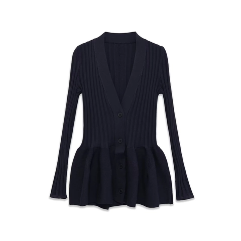 Cardigan In Maglia A Costine Con Peplum E Pantaloni A Zampa Con Volant Da Donna Streetwear Casual Poliestere Scollo V