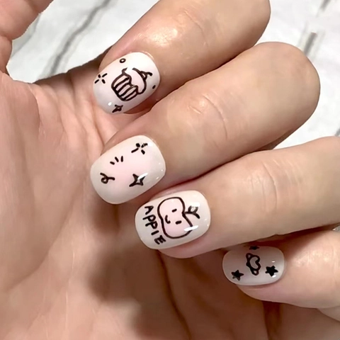 Cute Doodle Cartoon Press On Nails Sweet Blush Gradient Heart Apple Pattern Full Cover Artificial False Nails For Women