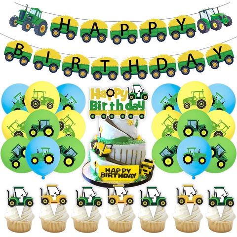 Traktor Thema Geburtstag Party Dekoration Banner Luftballons Und Tortendeko Bauernhof Tiere Grün Cartoon Für Jungen