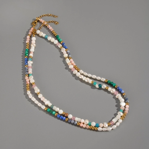Beaded Necklace Stainless Steel Freshwater Pearl Natural Stone Waterproof Hypoallergenic Vintage Ethnic Style For Women