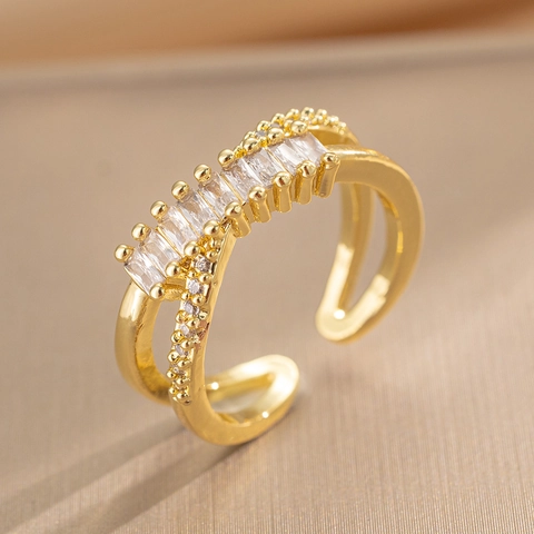 Anillo Abierto de Cruz con Diamantes de Imitación Elegante Francés para Mujer Lujo Cobre Geométrico Ajustable Joyería de Dedo