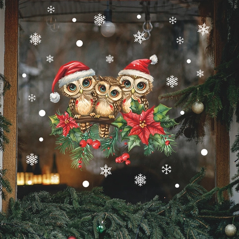 Christmas Owl Window Stickers Static Cling Decals PVC Snowflake Poinsettia Decorative For Glass Door Holiday Home Decor