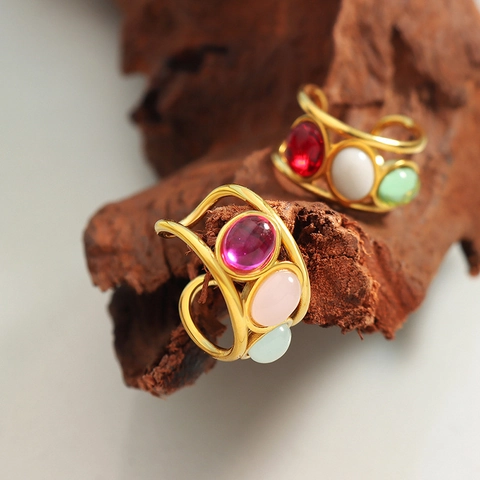 Vintage Vergoldeter Titanstahl Ring Bunte Cabochon Geometrisch Französischer Stil Eleganter Schmuck Für Damen