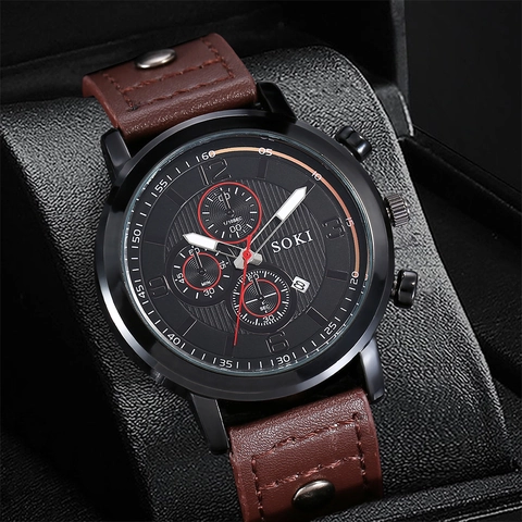Men Watch And Bracelets Alloy Case Quartz Movement PU Leather Strap Retro Business Casual Jewelry Accessory For Him